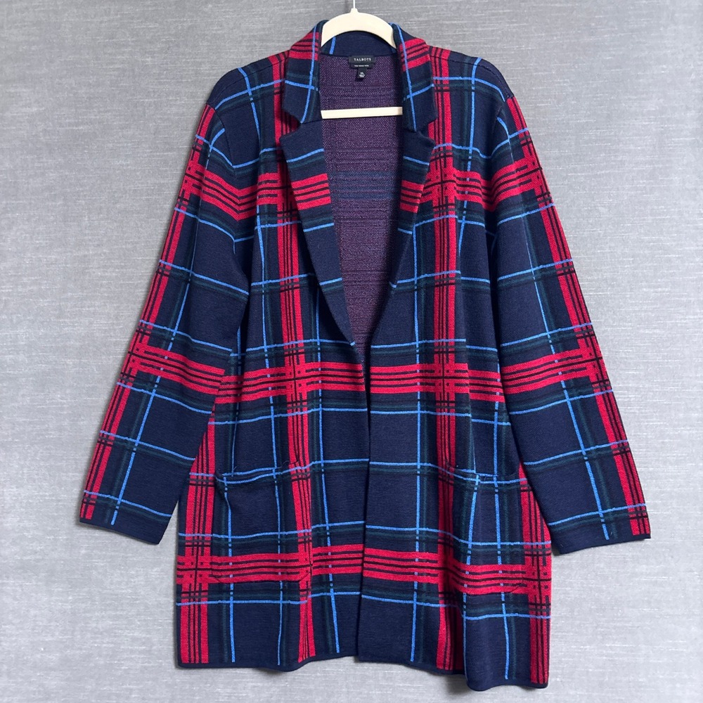 Talbots Cardigan XL Navy Red Plaid Merino Wool Open Long Sweater Knit Blazer